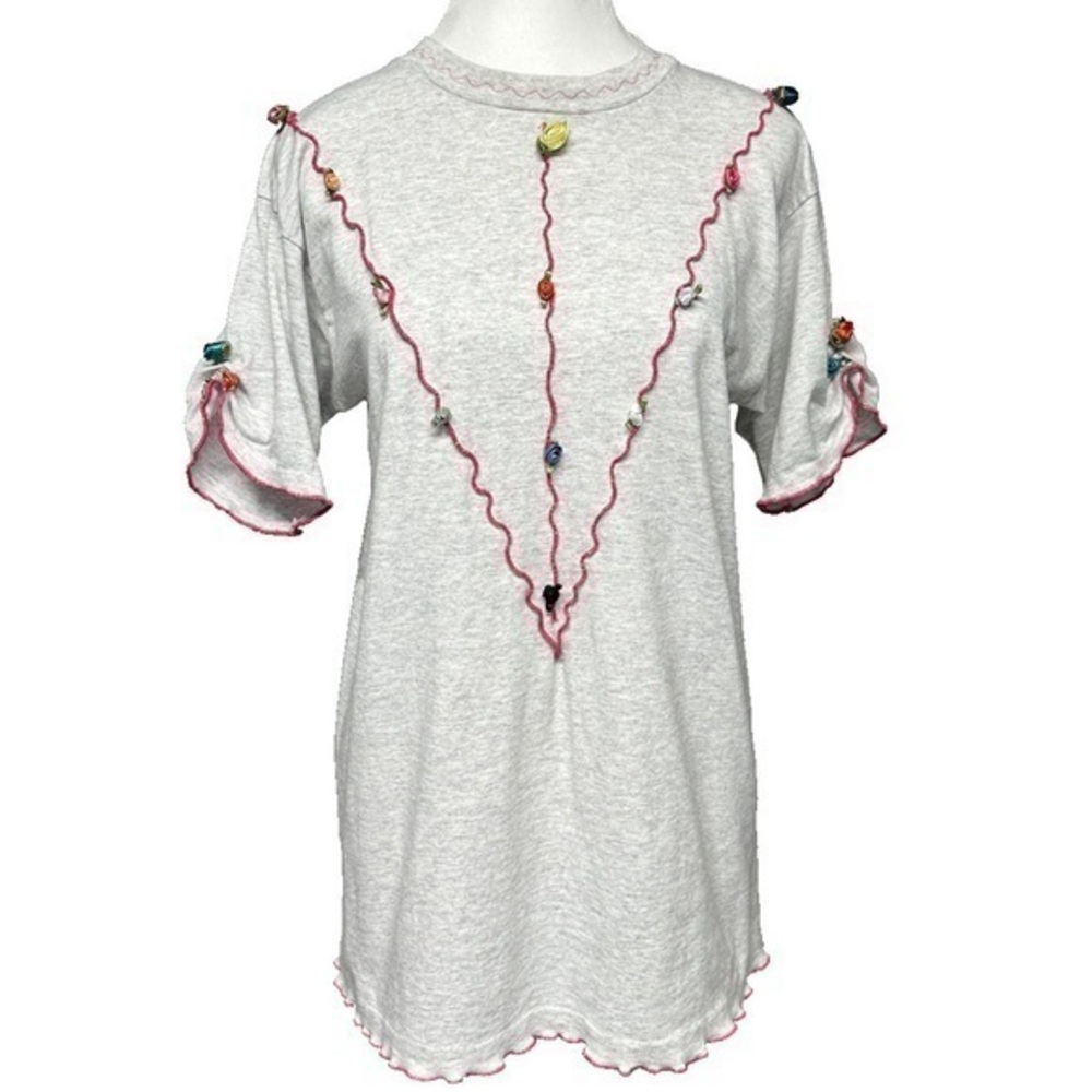Vintage Embroidered 3D Flowers Embellished Cotton Gray T-Shirt Boho Cute Large